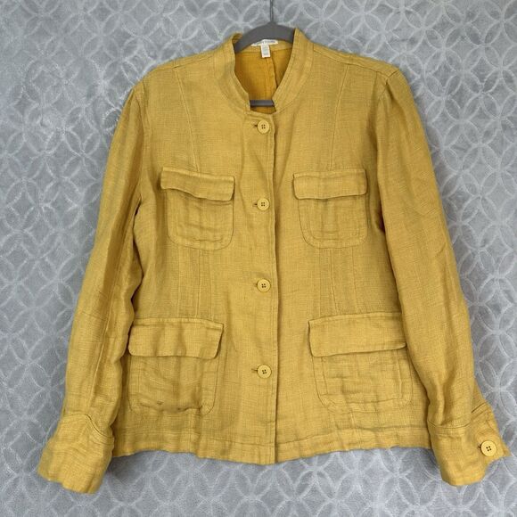 Eileen Fisher Organic Linen Doubleweave Utility Jacket Medium Marigold Yellow - Picture 2 of 13